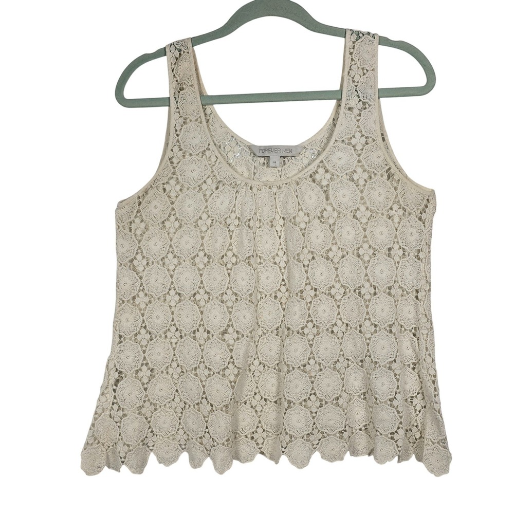 Forever New Ivory Lace Tank Top Women's Size 10 Sleeveless Floral, Sheer, Cotton